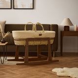 Little Green Sheep Organic Wheat Knit Moses Basket, Mattress & Walnut Rocking Stand Linen