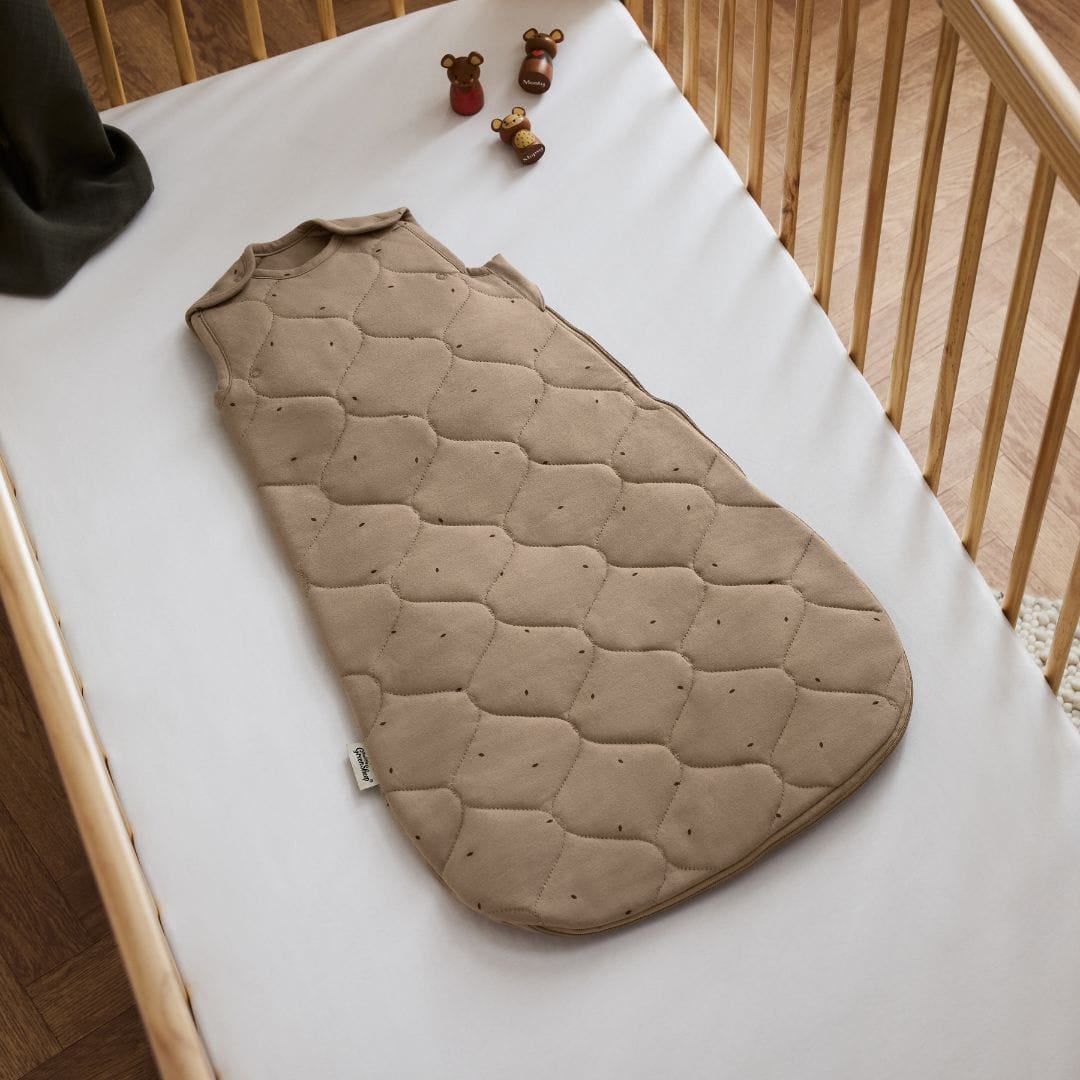 Little Green Sheep Organic Quilt Baby Sleeping Bag in Cocoa with Ebony Rice - 2.5 Tog
