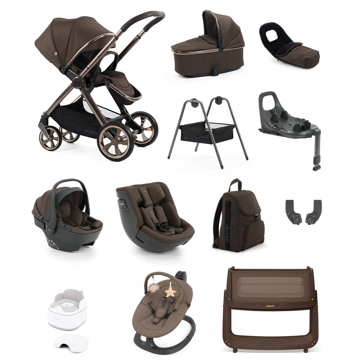 BabyStyle Oyster 4 Luxury 360 Car Seat & Nursery Essentials Bundle - Chocolate Velvet