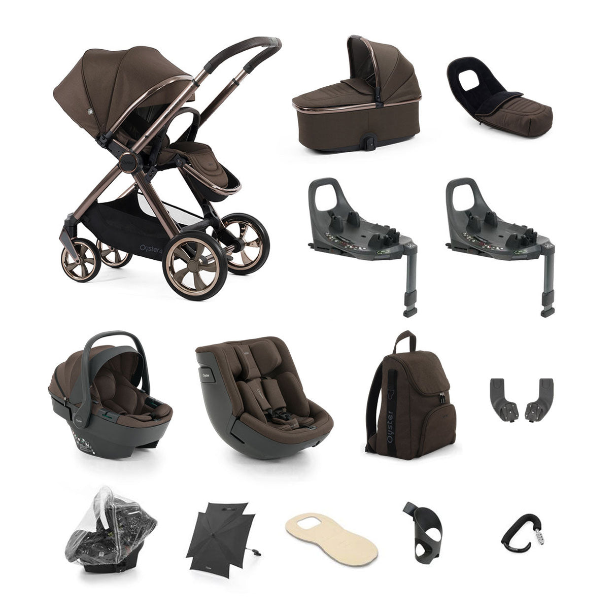BabyStyle Oyster 4 Ultimate Baby & Toddler 360 Car Seat Bundle - Chocolate Velvet