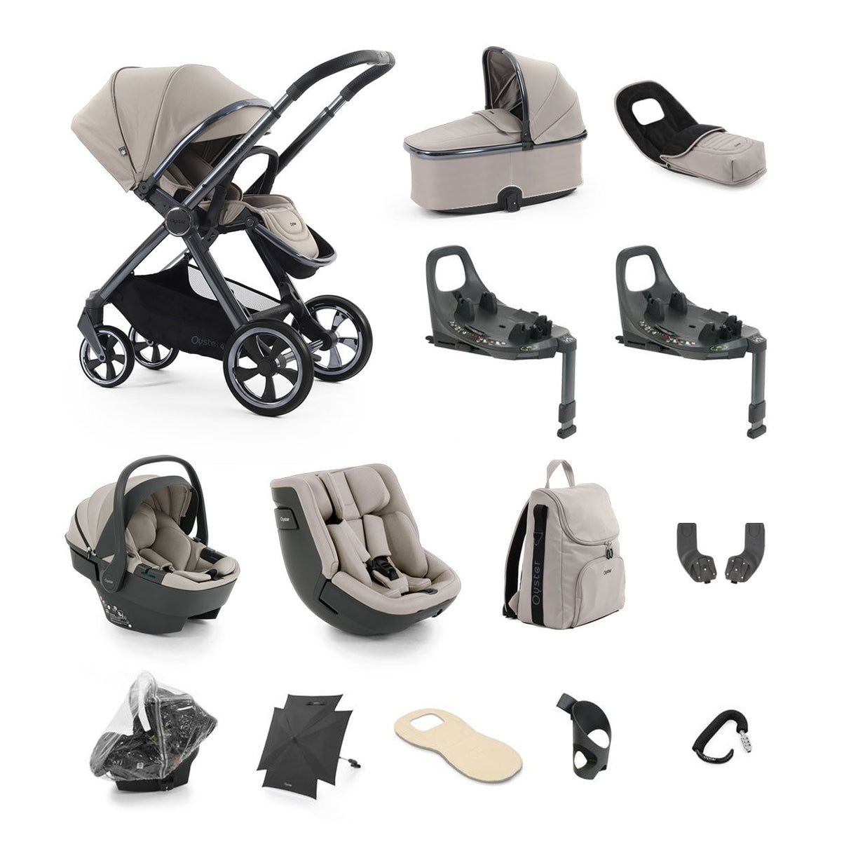BabyStyle Oyster 4 Ultimate Baby & Toddler 360 Car Seat Bundle - Stone