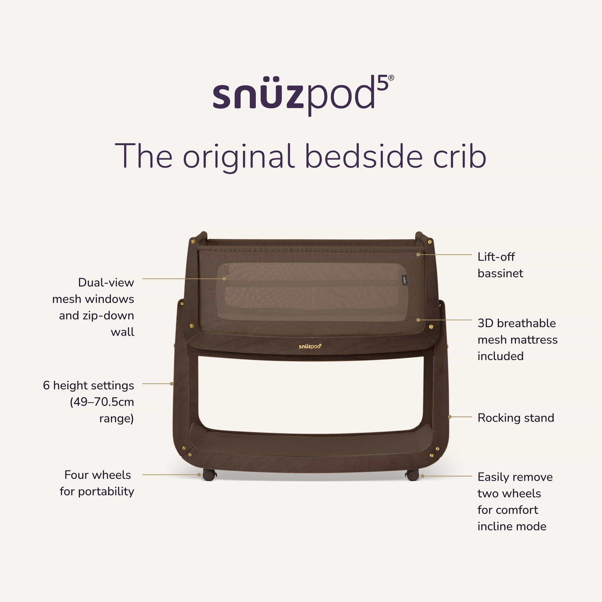 Snuzpod 5 Bedside Crib - Chocolate