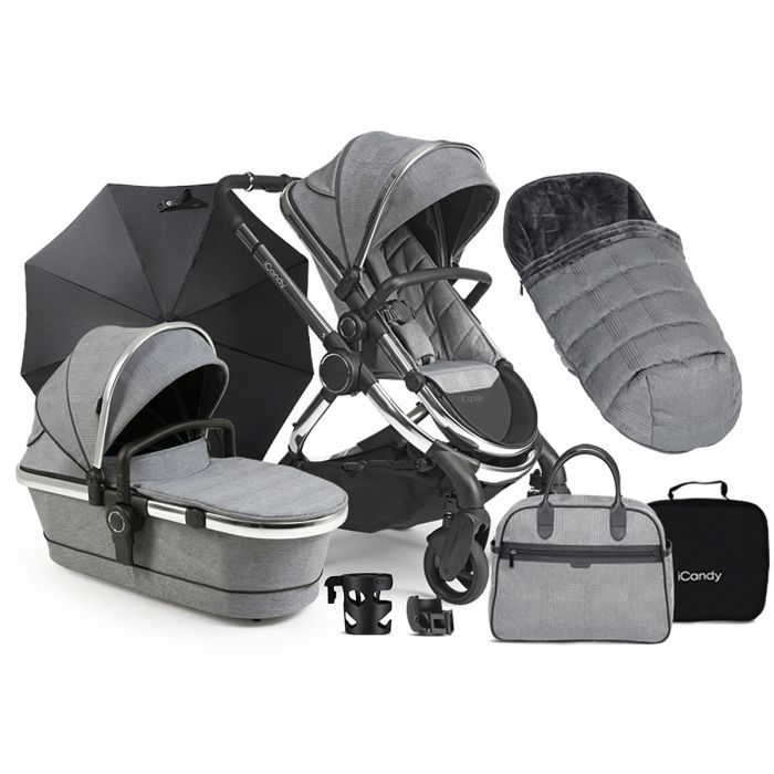 iCandy Peach Chrome Pushchair & Accessories Complete Bundle - Light Grey Check
