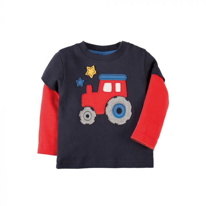Frugi Little Look Out Applique Top - Navy/Tractor 