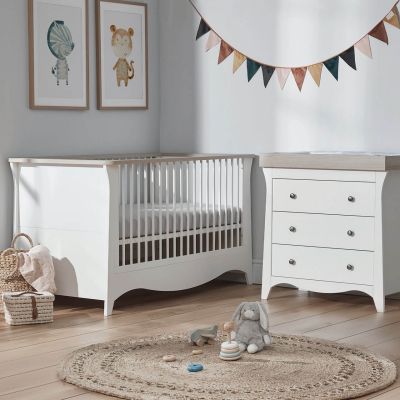 CuddleCo Clara 2 Piece Nursery Furniture Set (Cot Bed & Dresser) - White and Ash