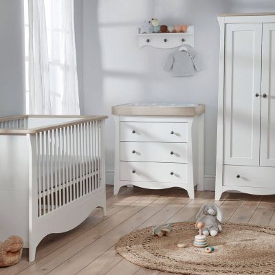 CuddleCo Clara 3 Piece Nursery Furniture Set (Cot Bed, Dresser & Wardrobe) - White and Ash