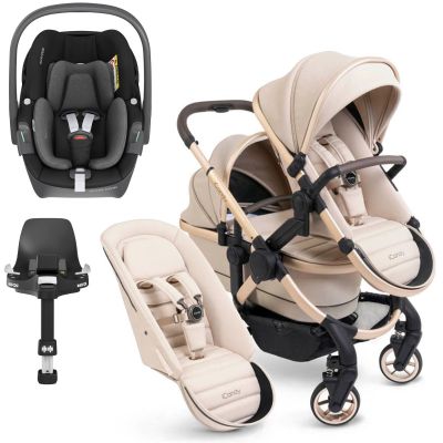 iCandy Peach 7 Double Pushchair Travel System Bundle with Maxi-Cosi Pebble 360 iSize Car Seat & Base - Biscotti