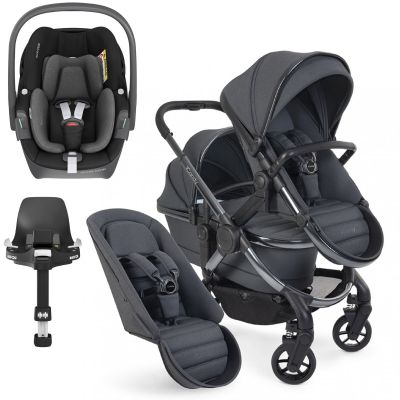 iCandy Peach 7 Double Pushchair Travel System Bundle with Maxi-Cosi Pebble 360 i-Size Car Seat & Base - Dark Grey